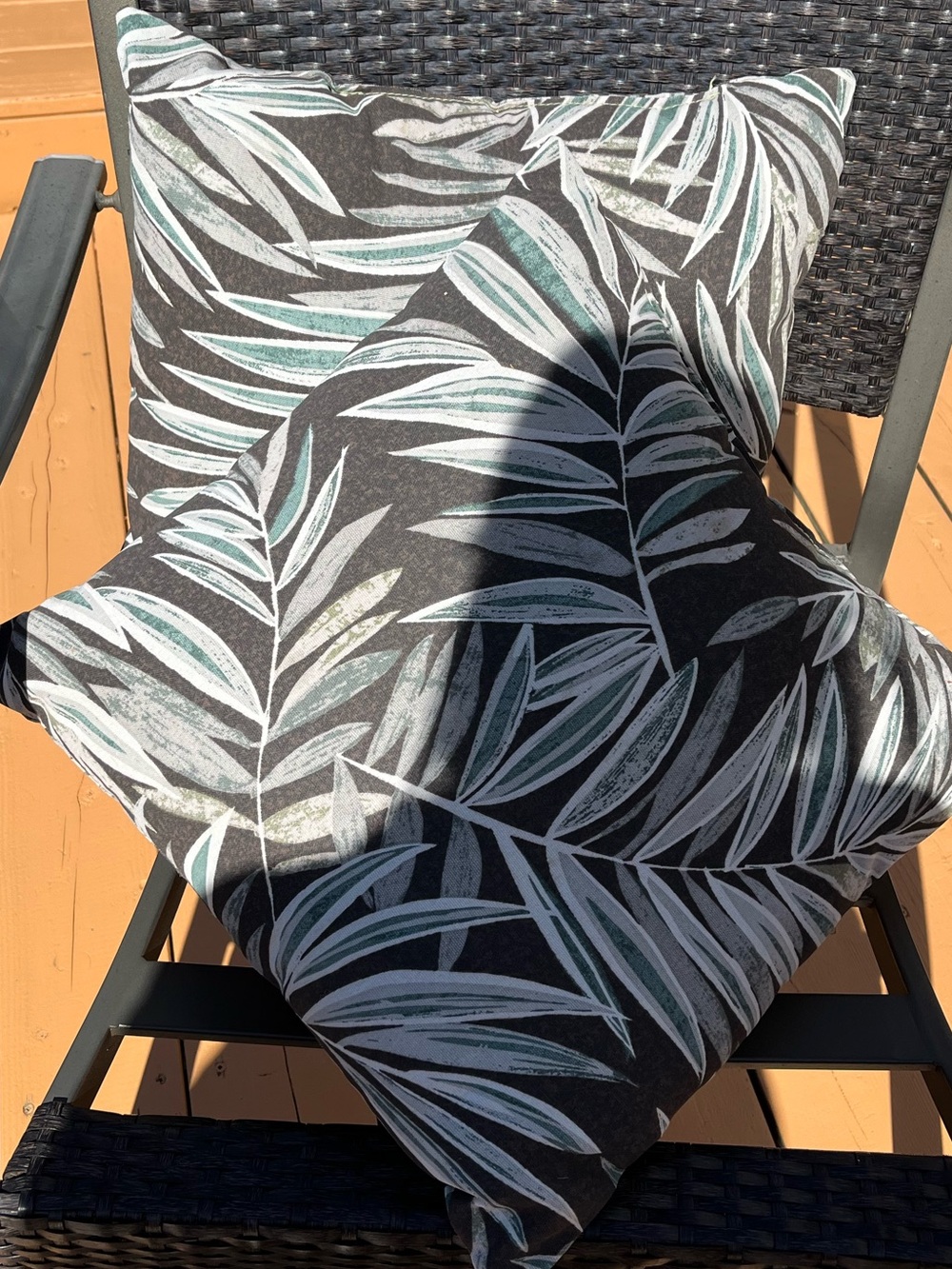 Leaf Print Outdoor Throw Pillow in Teal & White